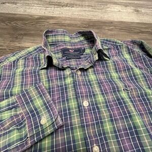 Vineyard Vines Shirt Mens Medium Blue Purple Green Whale Slim Fit Button‎ Plaid